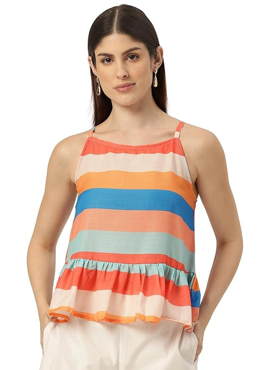 Cropped Sleeveless Strap Peplum top with Digital Print on Linen Fabric.