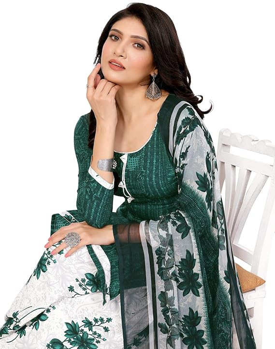 Yashika Women's Printed Dress Material - Unstitched Crepe Fabric Kurti, Pants & Dupatta Set (AZ-YS-P4-NITU GREEN)