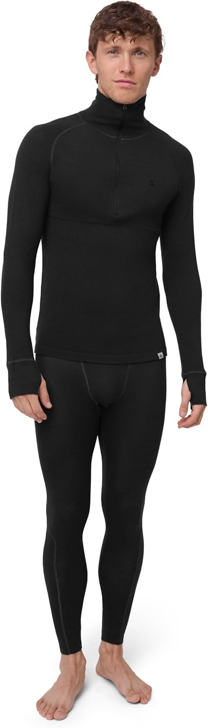 DANISH ENDURANCE Merino Wool Half Zip Base Layer Set Men, Top and Bottom Set.