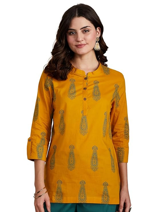 Amazon Brand - Myx Women's Screen Print Straight Printed Regular Cotton Short Kurti (Available in Plus Sizes)