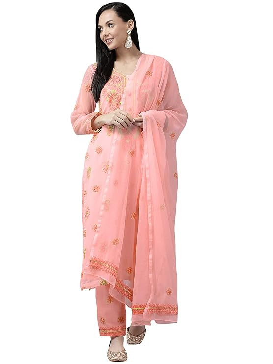 Ada Women Faux Fur Hand Embroidered Lucknowi Chikankari Unstitched Georgette Dress Material Suit Set With Dupatta