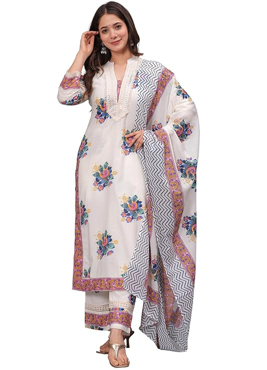Women's Pure Cotton Printed Straight Kurta Set with Palazzo Pants & Dupatta- Ethnic Wear, White