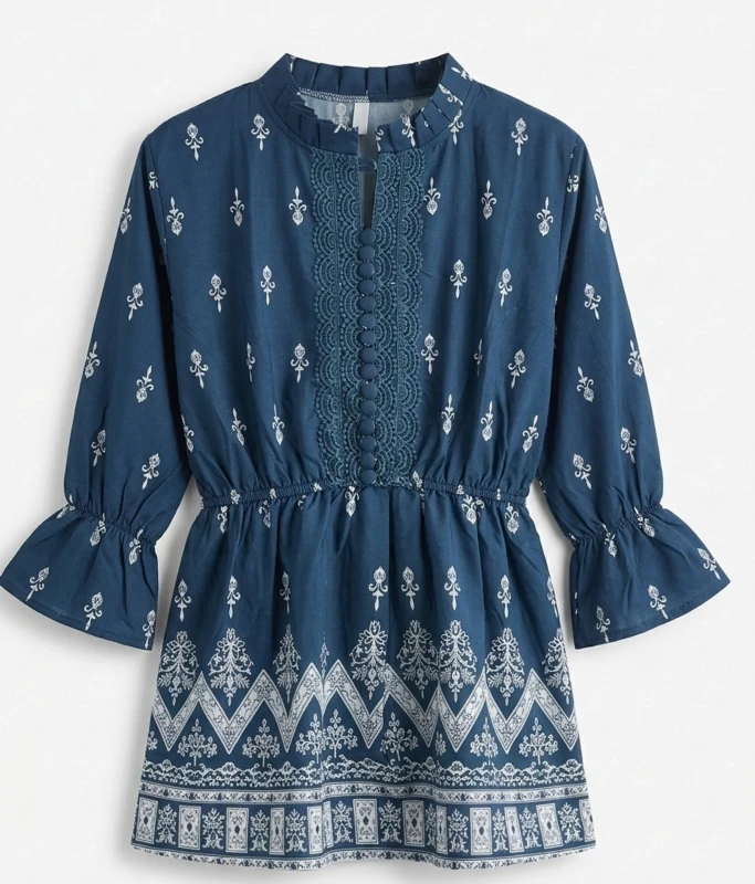 jke Casual Regular Sleeves Tie & Dye, Geometric Print Women Blue, White Top