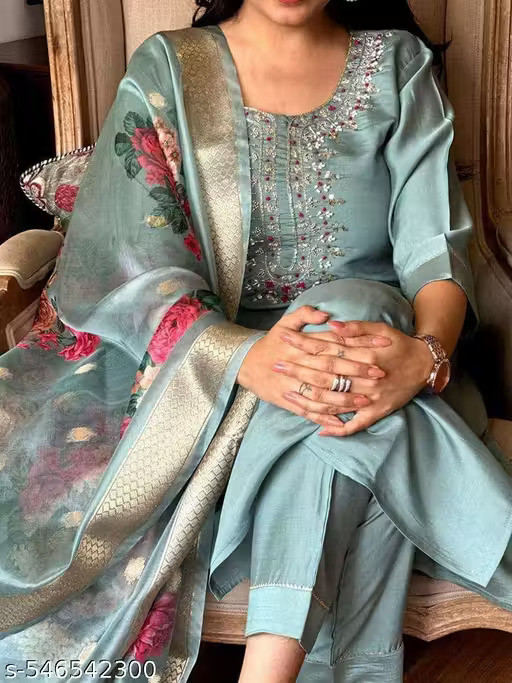 Women's Attractive Olive Reyon Slub Embroidered Kurta Pant Dupatta Set