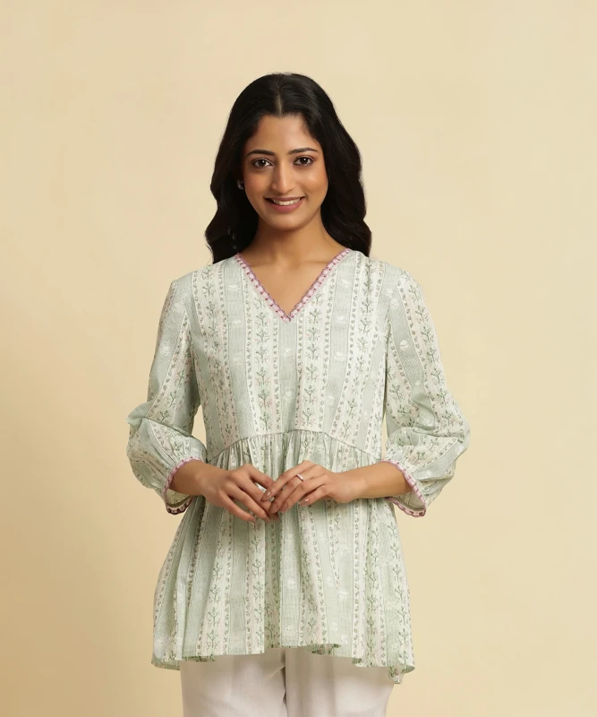 Casual Puff Sleeves Printed Women White Top