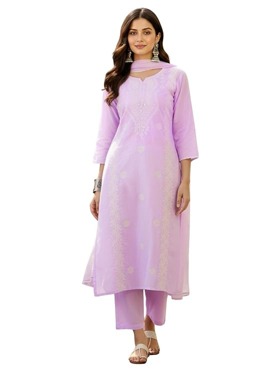 Naixa Women’s Cotton Blend Embroidered Straight Kurta Set with Cotton Blend Pant & Nazneen Laced Dupatta | Festive, Party & Casual Ethnic Suit for Women