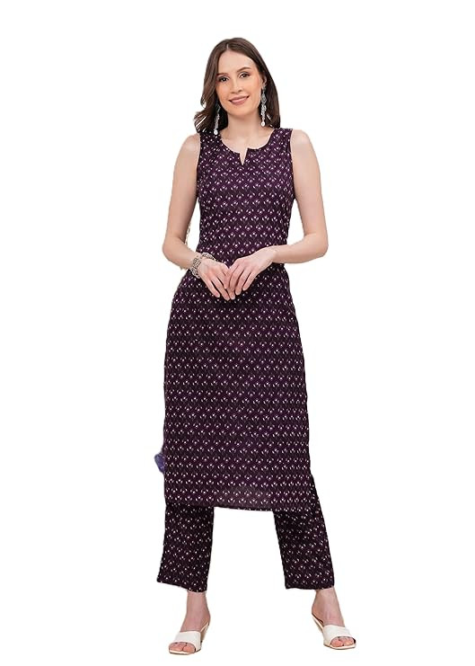 Women's Sleeveless Ikat Print Cotton Kurta & Pant || Black Diamond Pattern || Printed Kurta Set for Ladies