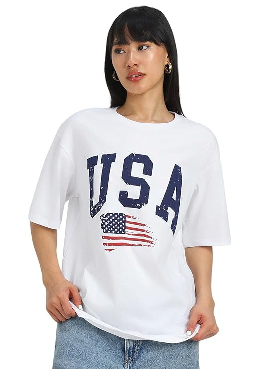 Round Neck Drop Shoulder Round Neck Black & White Graphic Printed Pure Cotton Oversized Baggy Fit Half Sleeve T-Shirt for Women & Girls (Sizes: S to 2XL)