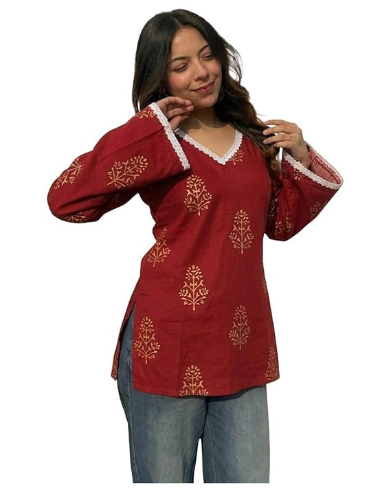 Women's Viscose Printed Short Kurti | Red Buta Print Tunic Top | V Neck Lace Detail | Full Sleeve Hip Length Kurta Top for Women