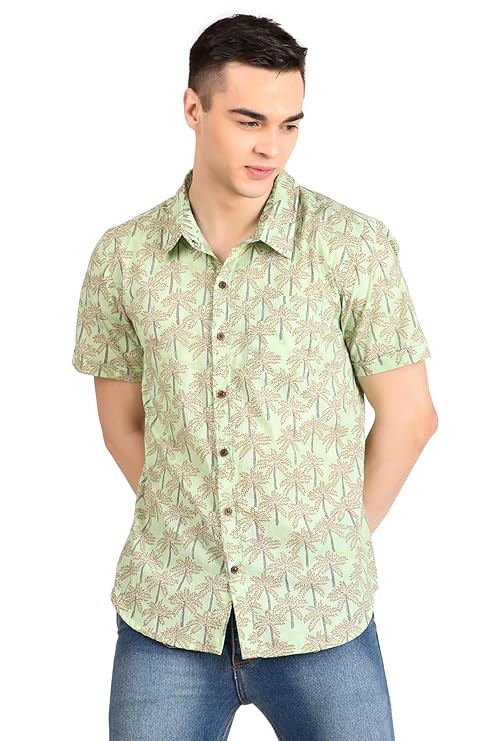 Colorish Pure Cotton Block Printed Men's Casual Half Sleeves Shirt for Summer