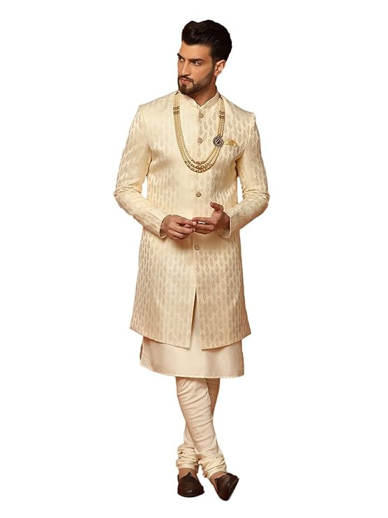 KISAH Men's Black Indo-Western Kurta Sherwani Churidar Set Cotton Silk Full Sleaves, Knee Length, Straight, Regular Fit, Mandarin Collar Ethnic Casual