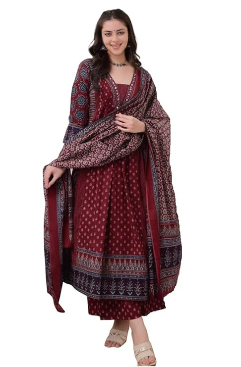 KLOSIA Women's Rayon Printed Anarkali Kurta and Pant with Dupatta Set