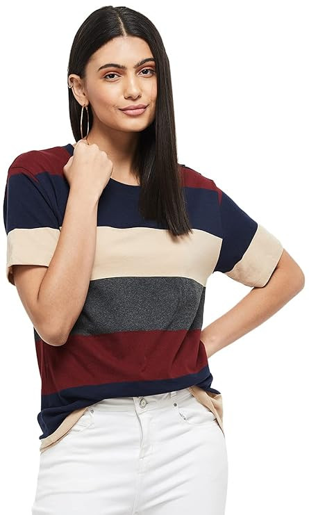 Max Women's Cotton Regular Fit Striped Round Neck T-Shirt