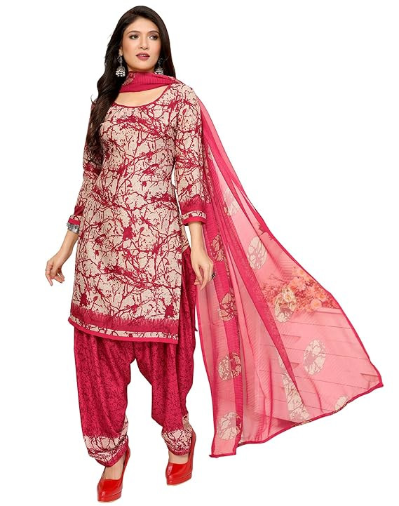 Yashika Women's Printed Dress Material - Unstitched Crepe Fabric Kurti, Pants & Dupatta Set