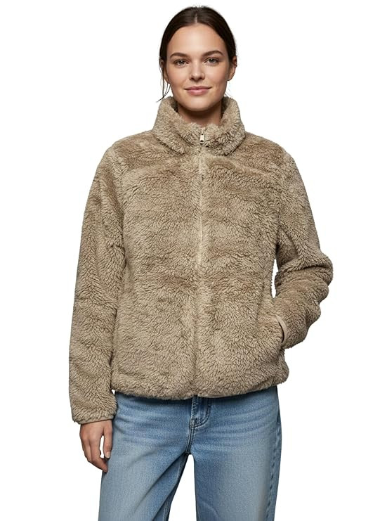 Alan Jones Clothing Women’s Fluffy Yarn Fleece Full-Zip Jacket | Soft Lightweight Warm Outerwear with Stand Collar & Piping at Hem & Cuffs